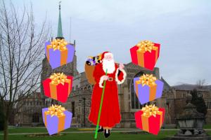 Images of Santa and gifts superimposed on photograph of large Gothic church